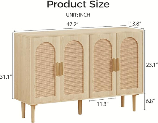 Modern Rattan-Door Sideboard Cabinet – 4-Door Credenza Buffet with Ample Storage, Large Accent Cabinet for Entryway, Living Room, Dining Room & Kitchen, Natural