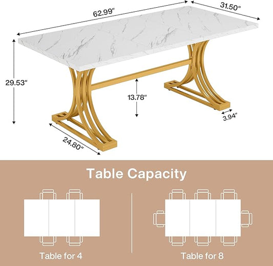 Tribesigns 63-Inch Rectangular Dining Table for 4 to 6, Modern Kitchen Tables with Stylish Metal Trestle Legs, Large Dinner Tables for Dining Room, Only Table (White+Gold)