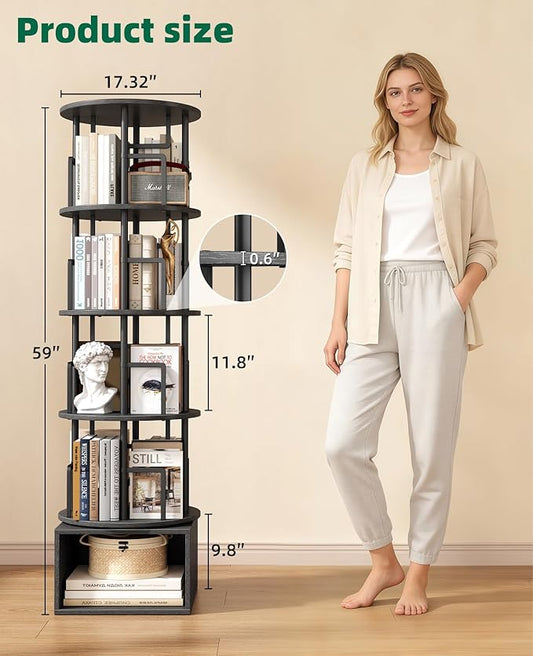 5 Tier Rotating Bookshelf with Extra Storage Cabinet, 360°Spinning Corner Bookshelf, Floor Standing Bookcase for Kids & Adult, Narrow Book Shelf for Bedroom Living Room, Pure Black