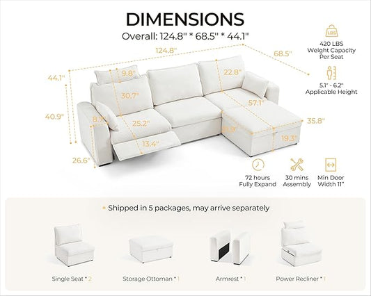 124.8'' Oversized Power Recliner Sofa with Headrest, Extra Wide Modular Cloud Sectional Reclining Couch, Convertible 4-Seater with Storage Ottoman for Home Theater Living Room, Chenille, White