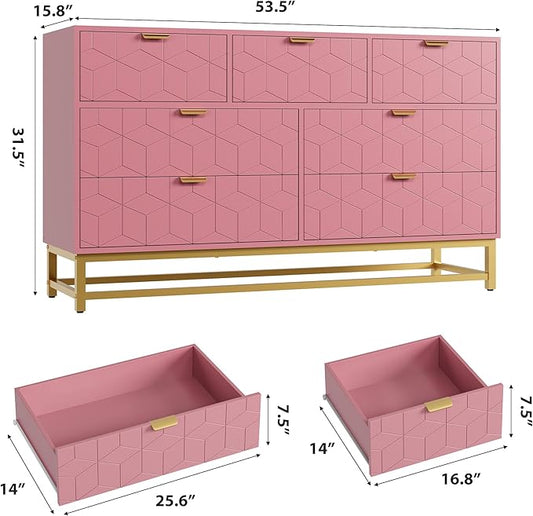 GAOMON Dresser for Bedroom, 53.5" Wide Dresser Organizer, 7 Drawer with Golden Metal Handle and Legs, Modern Chest of Drawers for Closet, Hallway, Living Room, Entryway, Pink