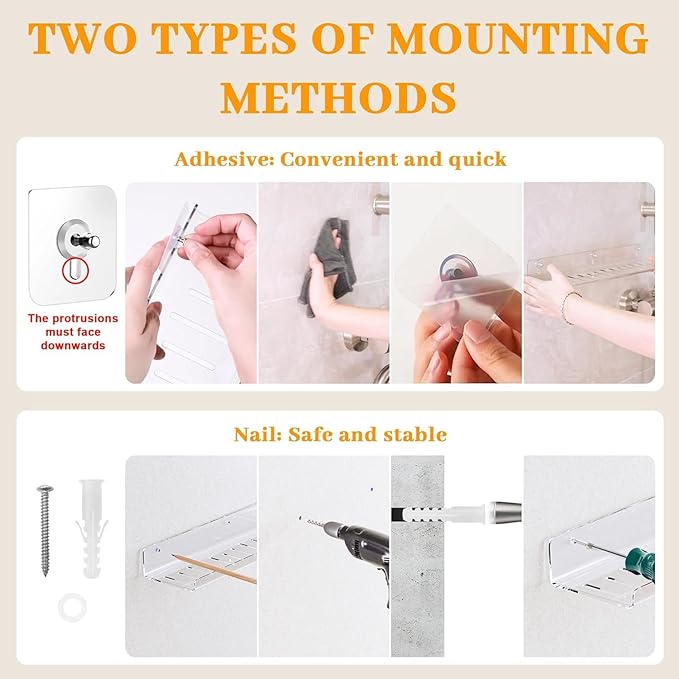 Floating Shelves – Acrylic/PET Wall-Mounted No Drill Storage with Adhesive, Invisible Bathroom & Bedroom Shelving for Kitchen, Living Room, Transparent Decor (White, 2-Piece Set)