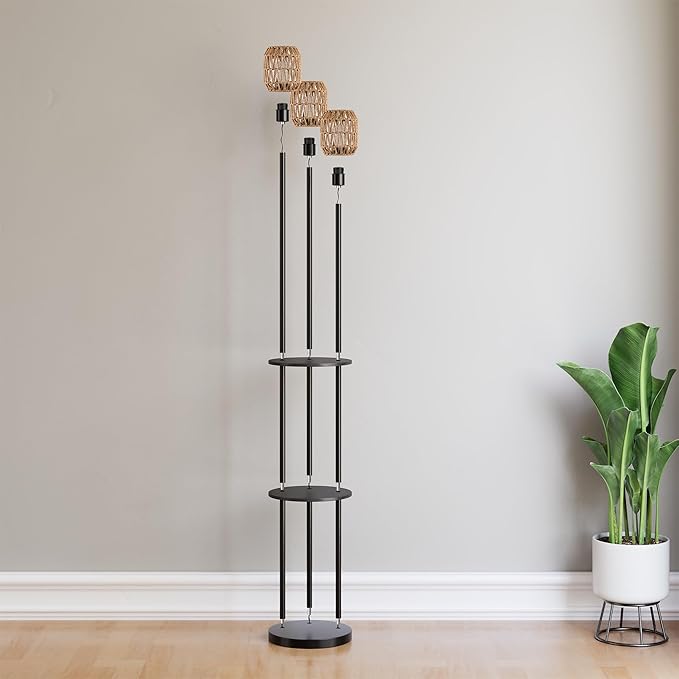 WIHTU 70" Boho Floor Lamp, Dimmable Rattan Floor Lamp with Shelves, 3 Lights Rustic Tall Lamps with Rotary Switch, Farmhouse Standing Lamps for Living Room, Bedroom,Office (Includes 3 Bulbs)