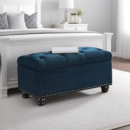 Convenience Concepts Designs4Comfort 7th Avenue Ottoman Bench 35.5" - Modern Upholstered Footstool & Seat with Hinged Lid & Storage, for Living Room, Bedroom, & Entryway, Dark Blue Fabric