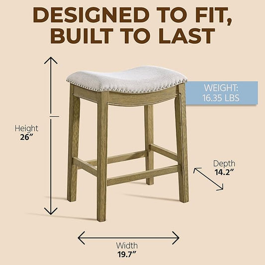 ROME + OAK Set of 3 Parker 26" Counter Stool, Backless Saddle Kitchen Barstool in Natural Wood Finish with Wheat Cream Fabric Upholstery Cushion Seat