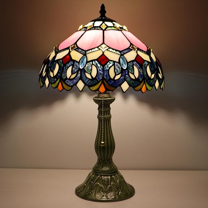 Tiffany Lamp Stained Glass Table Lamps Pink Jewelry Baroque Style Desk Lamp 12X12X18.5 Inch Bronze Ceramic Base Reading Light Suitable for Bedside Bedroom Living Room Dining Room Office