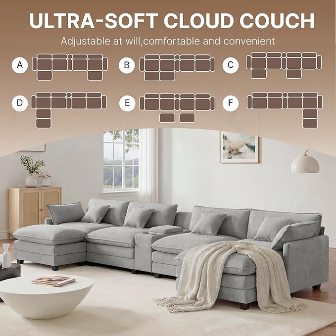 157" Oversized Modular Sectional Sofa with Storage Console,U-Shaped Cloud Couch with Movable Ottoman,Deep Seat,Thick Cushions, Multi Functional Console with USB & 2 Cup Holder,Sofa Set for Living Room | Wood Frame