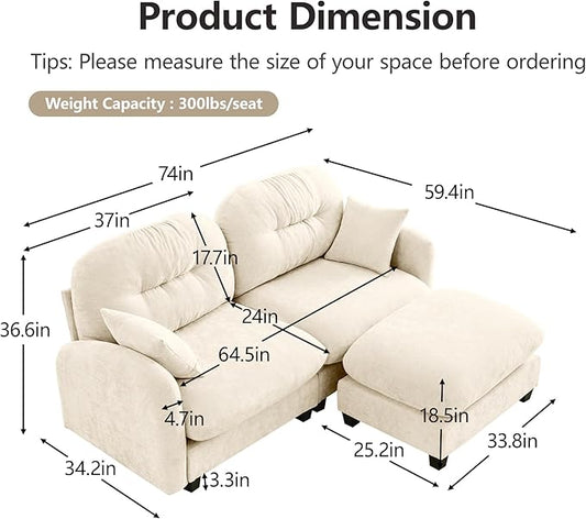 KEIKI 74" L-Shaped Oversized Chenille Modular Sectional Loveseat Sofa with 1 Ottoman, High-Density Foam Cushions, Tufted Pleated Cushion Backrest, 2-Seater Couch with 2 Pillow, for Living Room, Beige