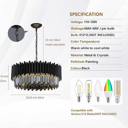 8-Light Large Crystal Chandeliers 24" Dining Room Light Fixture 5 Tiers Flush Mount Smoke Gray and Black Crystal Chandelier Round Pendant Light for Kitchen Living Room Entryway Foyer