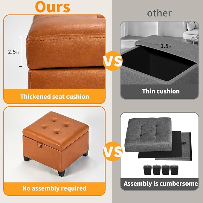 Adeco Faux Leather Storage Ottoman, 17.5" Square Cube Footrest with Lift Top Lid for Blankets, Upholstered Vanity Stool & Entryway Shoe Bench for Living Room, Bedroom, Warm Orange