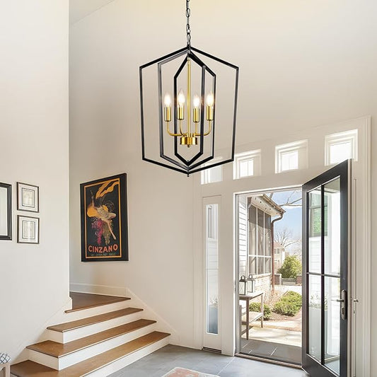 WJShome 18.1" Black and Gold Chandelier, 4-Light Farmhouse Dining Room Light Fixture, Modern Foyer Lighting Fixtures, Rustic Lantern Pendant Light, for Kitchen Island,Staircase,Entryway