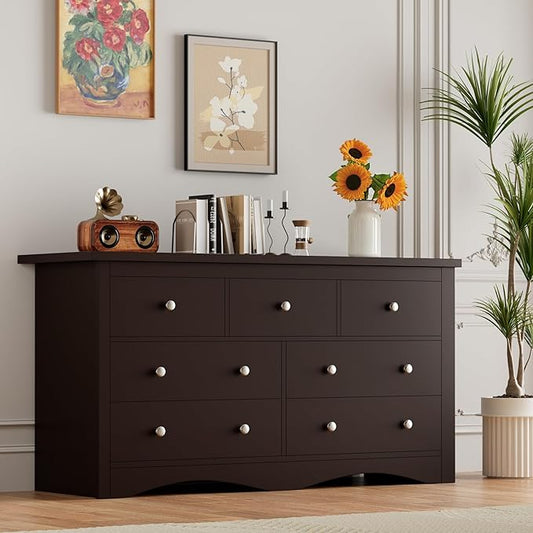 Furmax Dresser for Bedroom, 7 Wood Dresser, Chest of Drawers, for TV up to 65 inch, TV Stand Storage Chest of Drawers for Hallway Entryway (Brown)