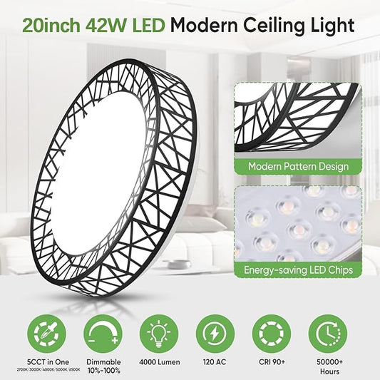 20 Inch Flush Mount Ceiling Light, Modern Black LED Ceiling Light Fixture, 42W 4000LM 2700-6500K Adjustable, Dimmable Ceiling Lights for Bedroom, Kitchen, Hallway, Bathroom, ETL Listed