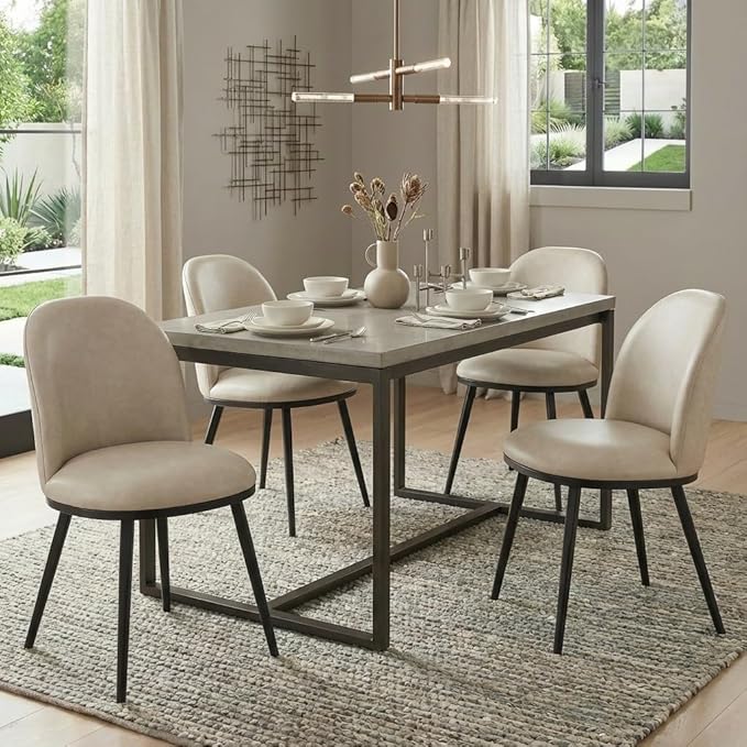 Dining Chairs Set of 2, Faux Leather Upholstered Dining Room Chairs with Ergonomic Backrest & Metal Legs, Modern Kitchen Side Chairs for Home, Restaurant, and CafΓ©, Beige