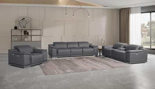 BlackJack Furniture Venice Top Grain Italian Leather Recliner 7 Seater 5 Power Reclining 3 Piece Sofa Set with Adjustable Headrests Modern Seating Sofa, Loveseat and Chair for Living Room, Dark Grey