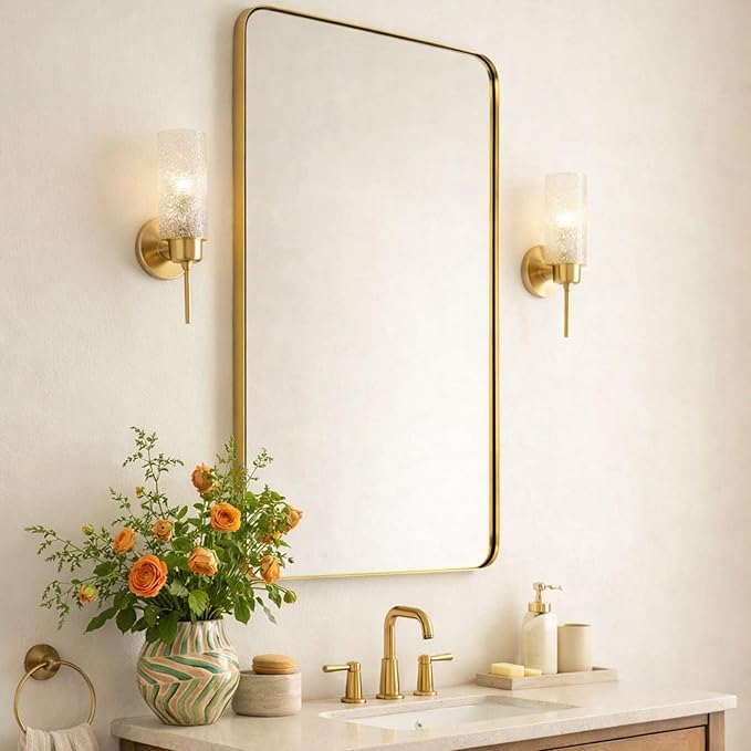 GRACTO 24x40'' Brushed Nickel Metal Framed Bathroom Mirror for Wall in Stainless Steel Rounded Rectangular Bathroom Vanity Mirrors Wall Mounted