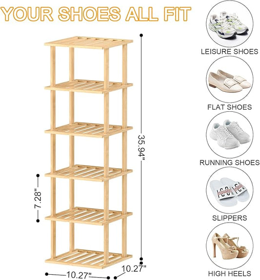 6-Tier Bamboo Shoe Rack - Vertical Shoe Rack for Small Spaces, Tall Narrow Shoe Rack Organizer for Closet Entryway Corner Garage and Bedroom,Free Stackable DIY,Primary Colours