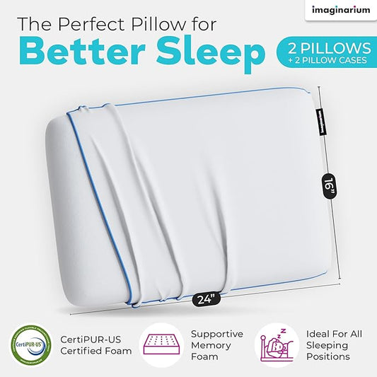 Imaginarium 2 Pk Cooling Bed Pillows for Sleeping, 2 Memory Foam Cooling Pillows for Back, Stomach Sleeper, Gel Side Sleeper Pillow, Cold Pillows That Stay Cold, Removable Zipper Cover (White/Blue)
