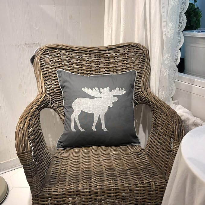 Moose Pillow Covers Decorative Cotton Linen Embroidered Cushions Covers 18x18 Inches (Grey)