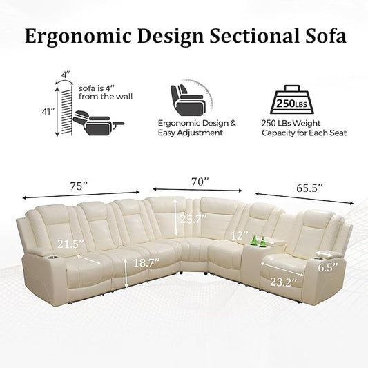 Power Recliner Sectional Sofa with LED Light, Breathing Leather Recliner Sofa Couch with USB Port/Cup Holder/Storage for Living Room (6 Seat Reclining Sectional Couch, Cream White)