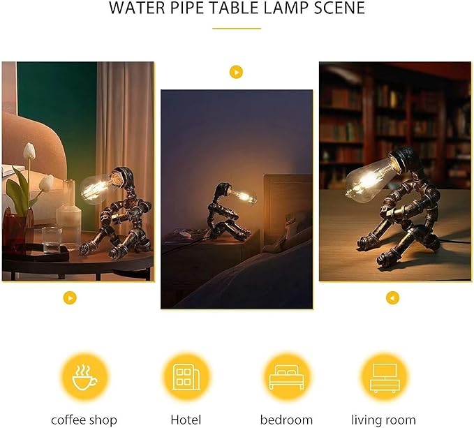 Steampunk Table Lamp, Vintage Industrial Metal Robot Table lamp, Water Pipe Table Lamp, Robot Style Desktop Light for Bedside Desk Bar Cafe Desktop Room Decoration
