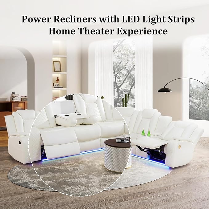 Power Recliner Sectional Sofa Set with Chair, Leather Reclining Couch Set for Living Room, Creamy White Breathing Leather Recliner Sectional with Storage Console/Cup Holders/USB Ports/LED