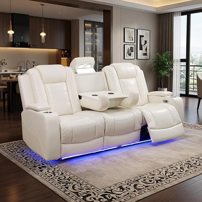 Power Leather Reclining Sofa with LED Light,Double Recliner Sofa with Drop Down Coffee Table/USB Port/Storage,3 Seater Leather Couch for Living Room Furniture Sets(3 Seats,Cream Stripes)