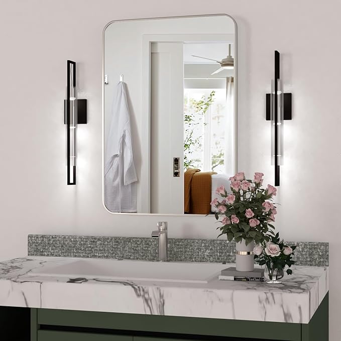 Manocorro Bathroom Mirror,29x40 Inch Wall Mirror Rectangular with Aluminum Alloy Frame, Rounded Corner Hanging Mirror Decor for Entryway, Bedroom, Living Room, Silver