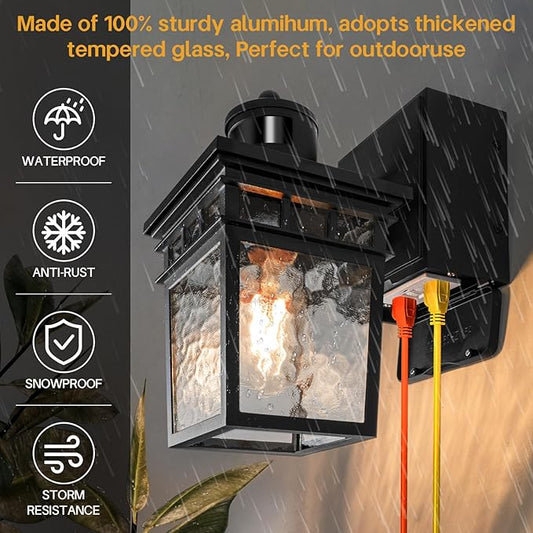 2 Pack Porch Light Outdoor with GFCI Outlet - 3 Lighting Modes Exterior Light Fixture, Dusk to Dawn Motion Sensor Wall Mount Outside Lights for House,Garage,Front Door, Patio