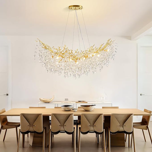 55" Gold Crystal Raindrop Chandelier 16 Light K9 Crystal Pendant Light Fixture Contemporary Tree Branch Chandelier for Dining Room, Living Room Kitchen Island