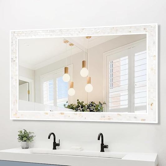 Tanmicoshomy White Framed Rectangle Mirrors 24 x 47 Inch, Coastal Wall Mirrors with Natural Shell for Bathroom, Bedroom or Entryway, Wall Mounted Horizontal or Vertical