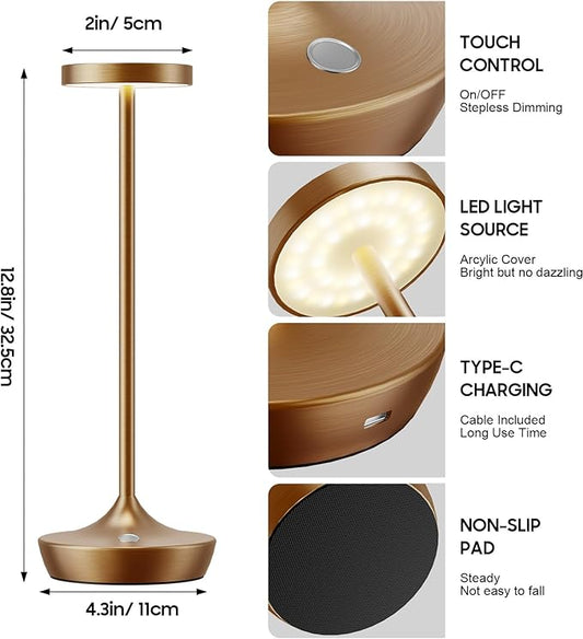 2 Pack LED Cordless Table Lamp Rechargeable,Outdoor Battery Operated Desk Lamp Touch 3 Color Dimming Portable Waterproof Night Light for Patio/Restaurant/Dining/Home (Titanium)