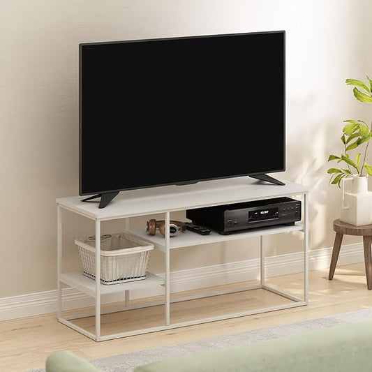 Furinno Moretti TV Stand, 3-Tier Metal Frame Modern Entertainment Center, Open Shelf TV Console for TV up to 45 Inch, for Living Room, Bedroom, Solid White