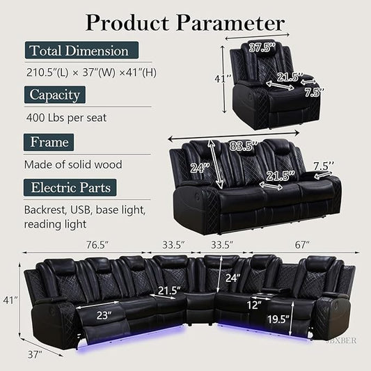 Power Recliner Sectional Sofa Set, Black Leather Sectional Couch Set with 5 Recliners for Living Room, L Shape Reclining Sofa with Cup Holder, Hidden Storage, Coffee Table for House(9 Seat)