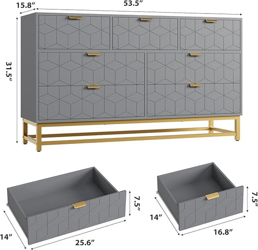 GAOMON Dresser for Bedroom, 53.5" Wide Dresser Organizer, 7 Drawer with Golden Metal Handle and Legs, Modern Chest of Drawers for Closet, Hallway, Living Room, Entryway, Grey
