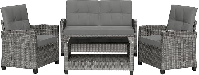 Shintenchi 4 Piece Patio Furniture Set, Outdoor Rattan Conversation Set with Coffee Table, Outside Wicker Sectional Sofa Couch with Cushion, Gray