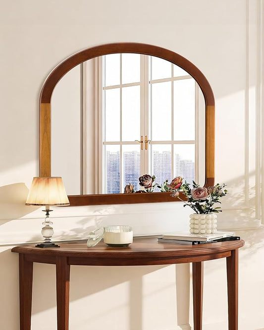 Arched Mirror 34 x 29 Inch,Brown Wood Rustic Bathroom Tempered Wall Mirror with Wood Frame,Round Corner Arch Farmhouse Wooden Vanity Mirror for Living Room,Entryway or Bedroom(Walnut Brown)