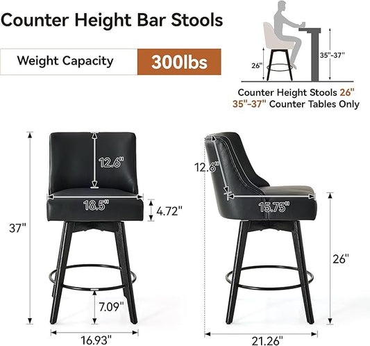 Vipbear Counter Height Bar Stools Set of 2, 26" H Swivel Bar Stools with Backs, PU Leather Upholstered Bar Chairs with Solid Wood Legs for Kitchen Island, Dining Room, Home Bar, Black