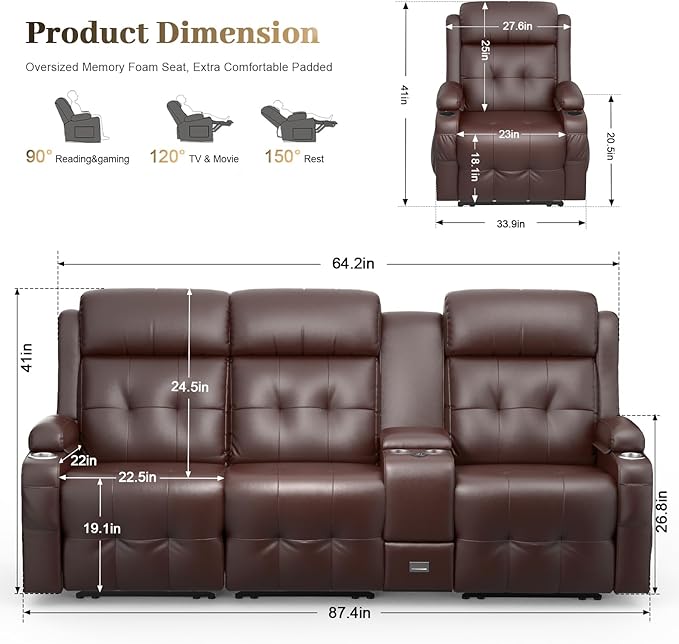 Recliner Sofa, 3 Seater Massage Reclining Loveseat Sofa Sets, 2 Single Power Recliner Chairs Heat & Massage, Heavy Weight Capacity, RV Clearance Love Seat Couch with Console, USB, Type C Port