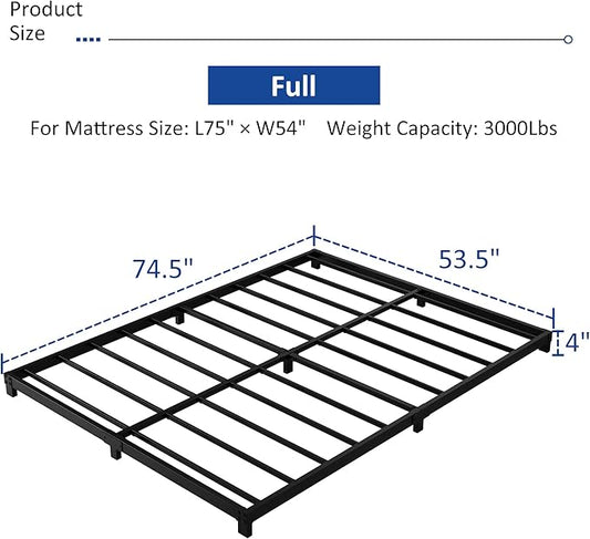 4 Inch Full Size Bed Frame, Heavy Duty Metal Platform Low Bed Frame Full, No Box Spring Needed, Noise Free, Easy Assembly, Black