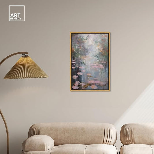 Art Remedy Pink Impressionisty Lilypads Framed Impressionism 1 Piece Canvas Wall Art/Monet And Van Gogh Inspired Art, 21.5" x 31.5", Gold Frame