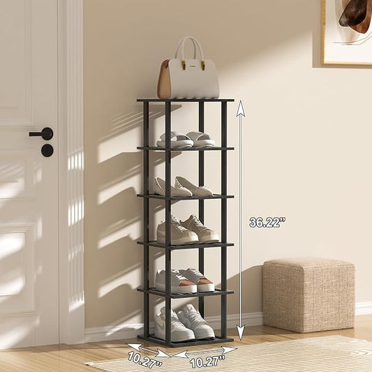 6-Tier Free Standing Shoe Racks, Bamboo Wood Shoe Rack for Entryway & Closet, Beautiful | Natural | Functional | Sturdy Shoe Rack Small Shoe Shelf for Small Spaces and Narrow Spaces Black