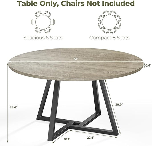 IRONCK 51" Round Dining Table for 6, Wood Kitchen Table with Metal Base, Space Saving Industrial Circle Dinner Table for Kitchen Dining Room, Gray