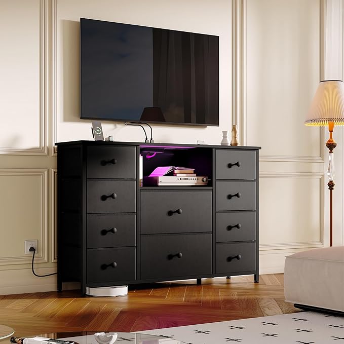 Dresser for Bedroom with 10 Drawers, Black Storage Organizer TV Stand for 55" TV with LED Lights and Sockets, Fabric Chest of Drawers with PU Finish for Kid Room, Entryway, Living Room, Hallway
