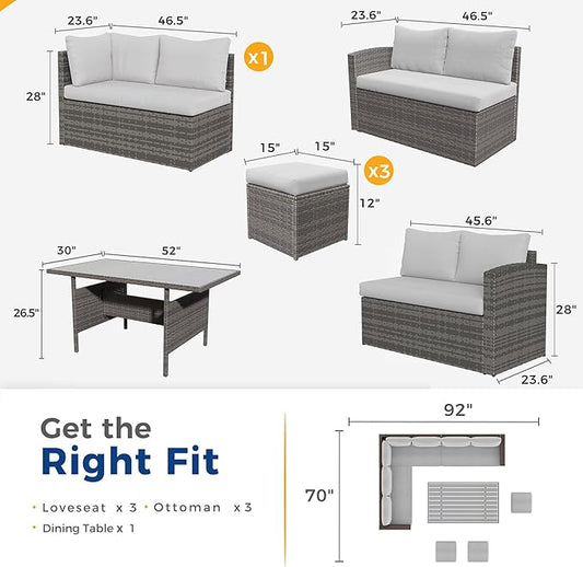 Wisteria Lane 7 Piece Patio Furniture Set, Wicker Patio Sectional with Wide Armrest, All Weather Outdoor Dining Set, Outdoor Furniture Patio Conversation Set with Ottoman, Ash Gray