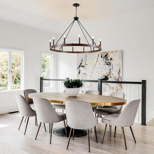 Wagon Wheel Chandelier 37.4 inch, 12-Light Farmhouse Wagon Wheel Chandelier with Dark Wood Grain Finish, Round Industrial Farmhouse Chandeliers for High Ceilings Living Dining Room Foyer Outdoor Porch