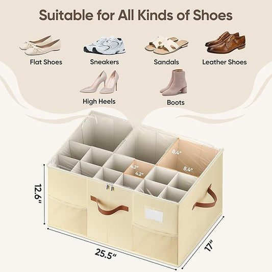 Shoe Organizer for Closet, 1 Pack Shoe Storage Container with Adjustable Dividers, Space Saving Shoe Box Storage Organizer Bin with Clear Lid and 4 Handles, Fits 12-24 Pairs, Beige