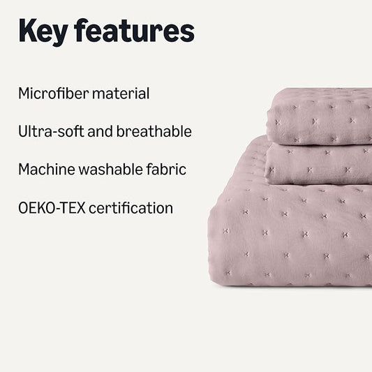Amazon Basics Brushed Microfiber Quilt Set, Extra Soft with Natural Texture, 3-Piece, Queen/Full, Purple
