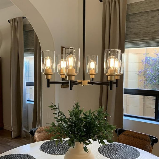 6-Light Modern Chandeliers, Black and Gold Chandelier Light Fixture with Clear Glass Shades, Hanging Pendant Lighting for Dining Room, Living Room, Kitchen, Staircase, Entryway