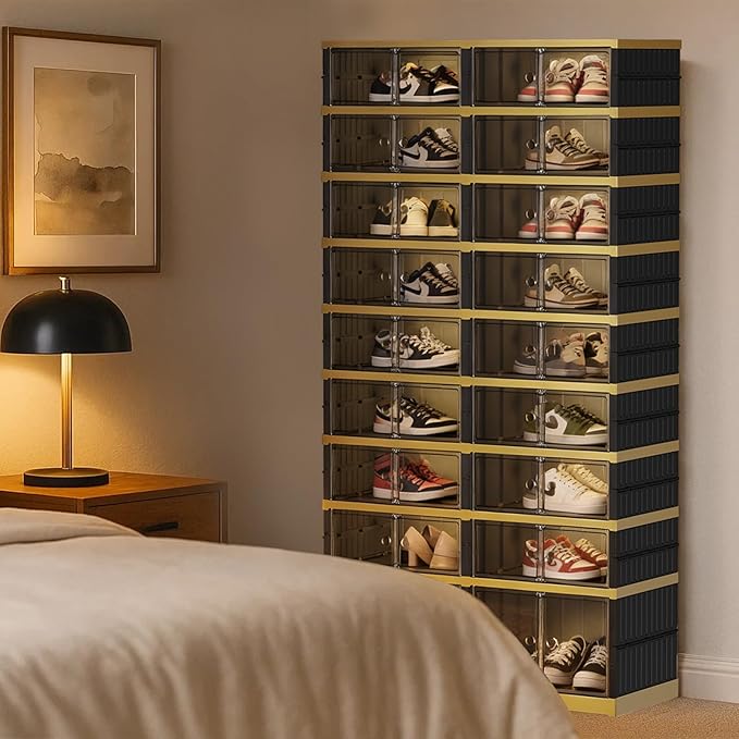 Foldable Shoe Rack Organizer 9 Tiers 36 Pairs Shoe Shelf with Doors, Large Collapsible Shoe Cabinet, Folding Plastic Storage Boxes, Easy Assembly Shoe Storage Bins for Entryway, Black Gold